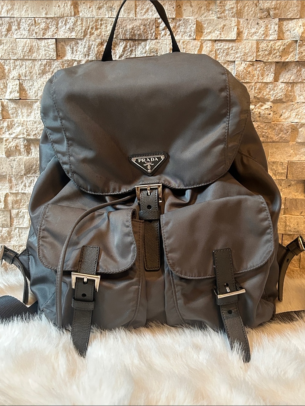 Prada Gray Nylon Backpack with Front Flap Pockets